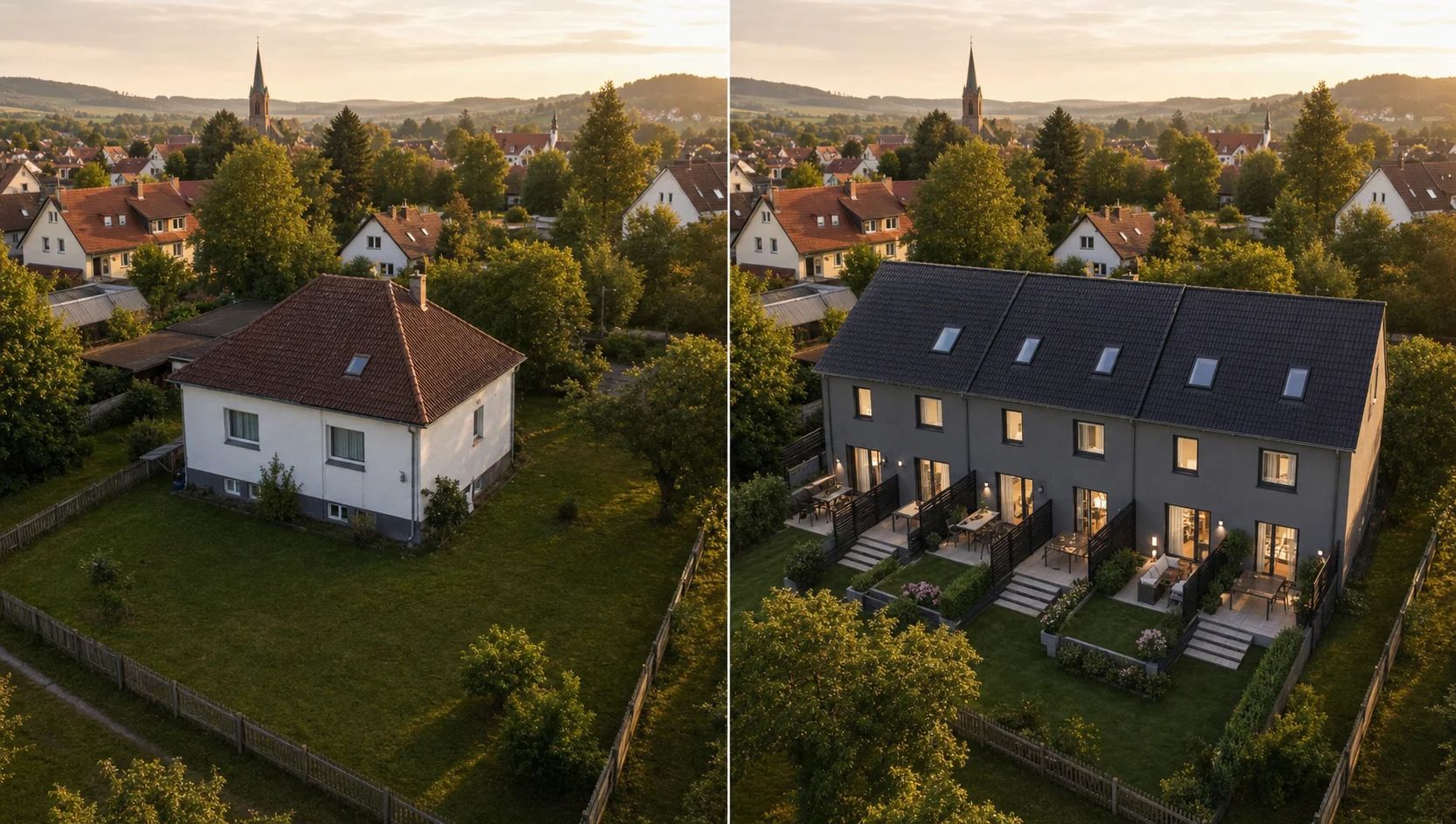 Grundstück verkaufen in Nürnberg, Fürth und Erlangen – Vorher-Nachher-Vergleich: links ein gepflegtes Bestandshaus auf großem Grundstück, rechts dasselbe Grundstück optimal genutzt mit mehreren modernen Reihenhäusern