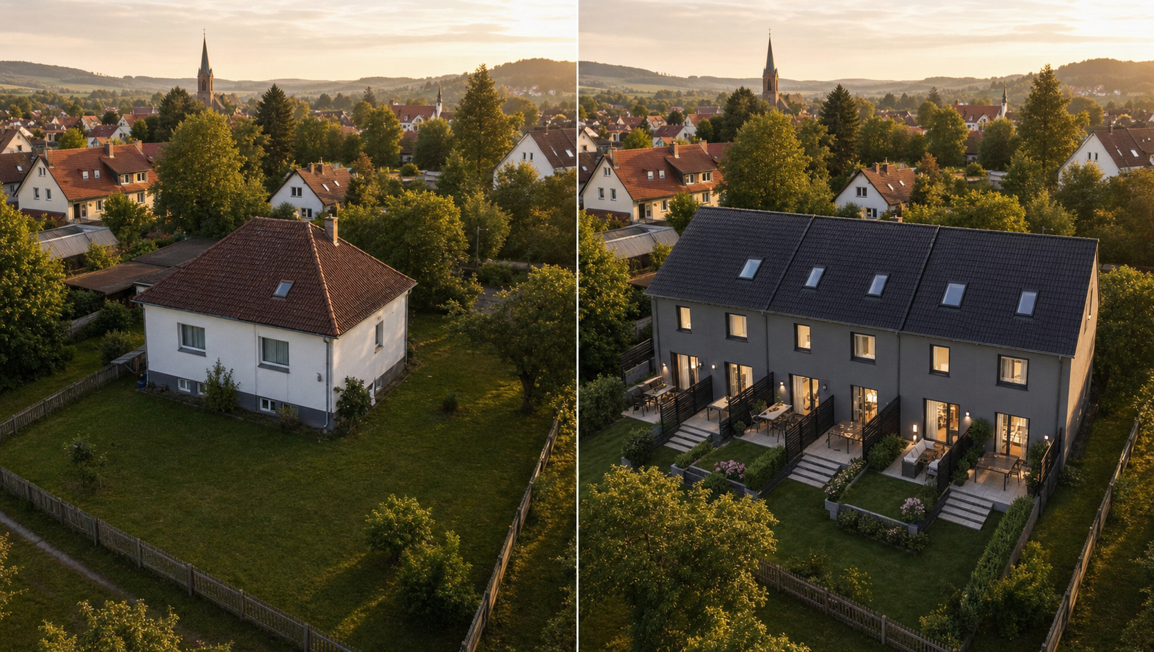 Vorher-Nachher-Vergleich: links ein gepflegtes Bestandshaus auf großem Grundstück, rechts dasselbe Grundstück optimal genutzt mit mehreren modernen Reihenhäusern