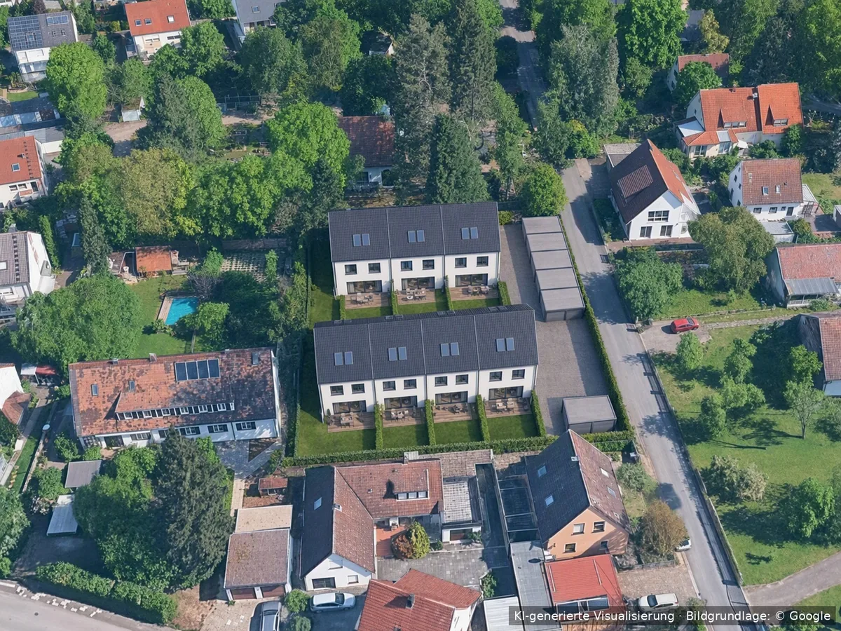 Grundstück in Erlangen nachher, 7 Reihenhäuser in zwei Reihen, KI-Visualisierung