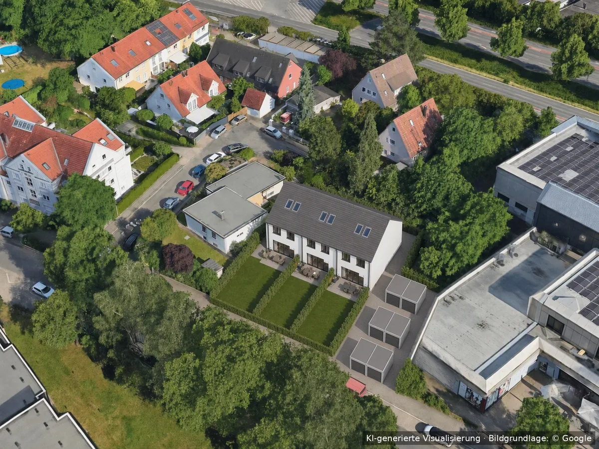 Grundstück in Nürnberg nachher, Reihenhaus mit 3 Häusern, KI-Visualisierung